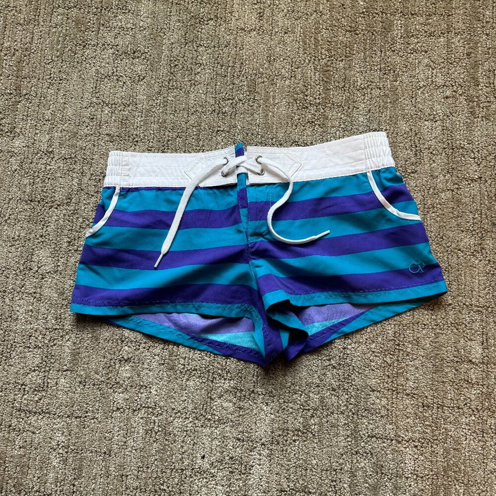 Kids Op Girls Board Shorts Swim Cover Up Blue & Purple Striped Size M (7-9)